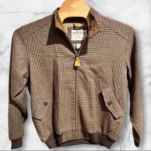 Orvis Mens Medium Wool Zip Bomber Jacket Brown Glen Plaid Corduro Collar